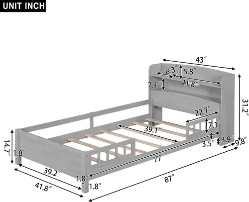 Vista 2 de SOFTSEA Base de cama de tamaño individual para niños, cama de plataforma con cabecera de almacenamiento y luz LED, marco de cama de plataforma