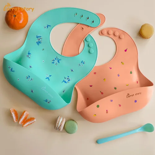 Vista 4 de Baberos de bolsillo 100% de silicona para bebés, baberos lavables impermeables, sin BPA, aptos para microondas y lavavajillas, juego de 2