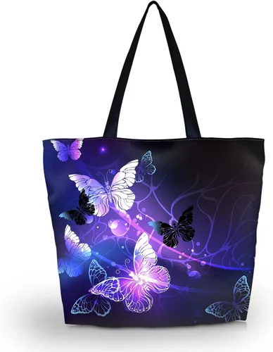 Vista 2 de Bolsa de mano, grande, ligera, impermeable, para la playa, con cremallera, mariposa grande morada
