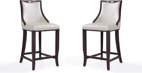 Vista 10 de Manhattan Comfort Emperor Taburetes de bar de cuero vegano con respaldo, acolchado de espuma y marco de madera de haya maciza, taburete de bar bronce