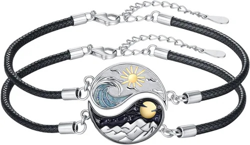 Vista 8 de Yin Yang - Pulsera de plata de ley 925 para parejas, árbol de la vida, luna de sol, montaña, abulón de loto, joyería para mujeres, hombres, parejas
