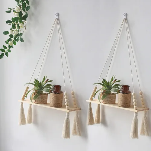 Vista 12 de Artilady Paquete de 2 estantes de madera para colgar en la pared, estantes flotantes bohemios, estante de plantas de macramé blanco, estante