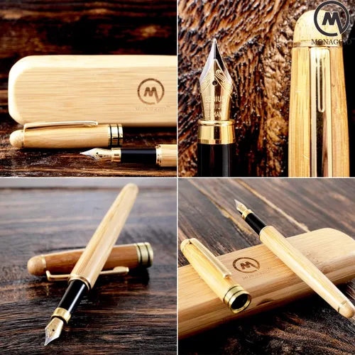 Vista 3 de MONAGGIO Pluma estilográfica de bambú hecha de madera de lujo con convertidor recargable, juego de caja de madera y punta fina. Funciona sin