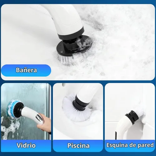Vista 4 de Limpiador eléctrico recargable giratorio, limpiador eléctrico impermeable con 7 cabezales de cepillo, 1 escobilla de ventana, mango largo ajustable