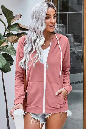 Vista 3 de WROLEM Sudadera casual con capucha y cremallera completa para mujer cómoda holgada de manga larga color liso con bolsillos