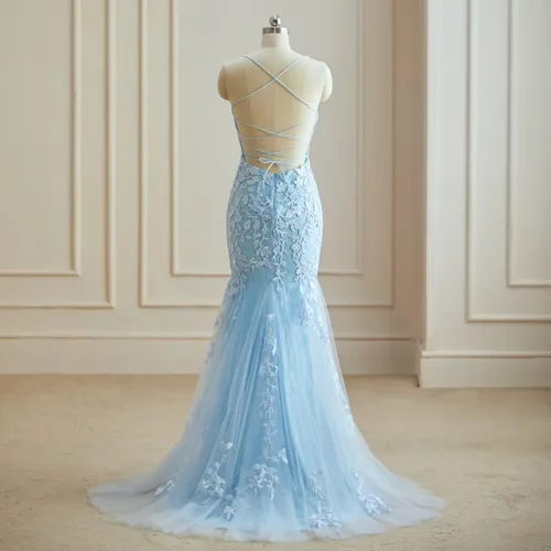 Vista 2 de Vestidos de fiesta de sirena con apliques de encaje, tirantes delgados, vestidos formales de tul, vestidos de noche ajustados para mujer