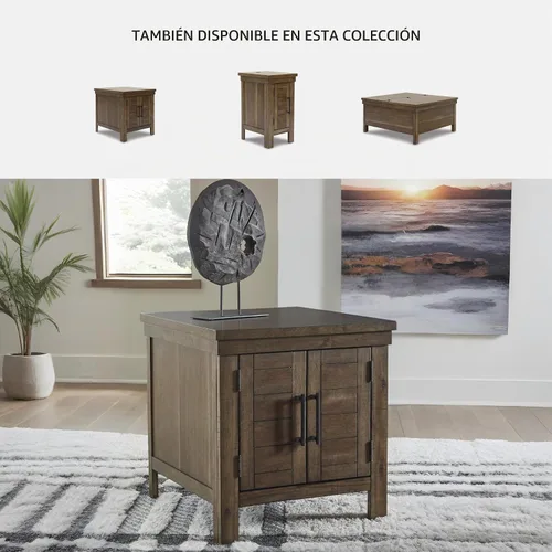 Vista 5 de Diseño firmado por Ashley Moriville - Mesa auxiliar rectangular de estilo granja rústica con puertas de gabinete duales, herrajes en tono bronce