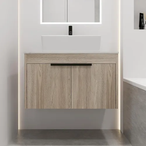 Vista 14 de Armario de tocador de baño de 24 pulgadas, tocador de baño flotante con lavabo de cerámica, moderno juego de tocador de baño colgante de roble