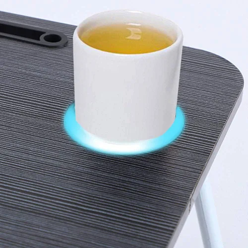 Vista 4 de Mesa portátil para laptop de oficina con cajón de almacenamiento, porta-taza y soporte para teléfono, mesa de bandeja para cama, escritorio plegable