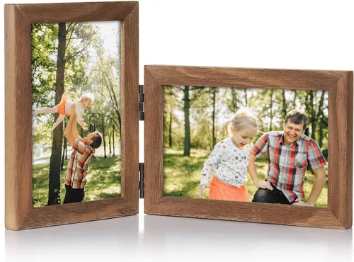 Vista 27 de Marco de fotos doble de 4 x 6 pulgadas con bisagras horizontales, marco de fotos plegable en madera de pino negro con vidrio real para mesa