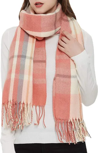 Vista 12 de Wander Agio Chal Largo de Moda para Mujer con Cuadrícula Grande, Bufanda Grande Cálida de Rejilla para Invierno Beige