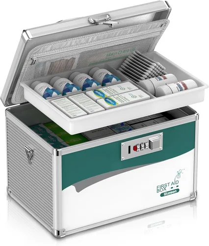 Vista 8 de Caja de seguridad para medicamentos con código, caja organizadora de medicamentos de aleación de aluminio de 2 capas con bandeja extraíble, caja