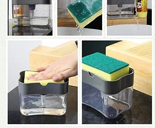 Vista 3 de Dispensador de jabón para platos y detergente para fregadero de cocina, bomba de líquido de prensa manual y soporte de esponja 2 en 1, innovador