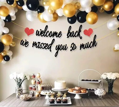 Vista 5 de Decoraciones de bienvenida, pancarta con purpurina con texto en inglés "We Missed You So Much", decoración patriótica de bienvenida a casa, militar