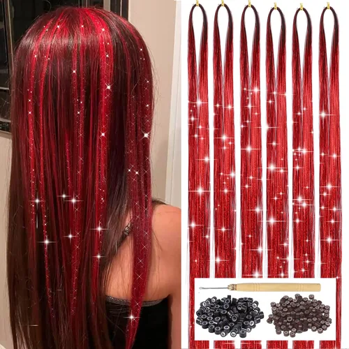 Vista 10 de Kit de oropel de cabello negro con herramienta, 6 piezas, 1200 hebras de extensiones de cabello de oropel con purpurina, resistentes al calor