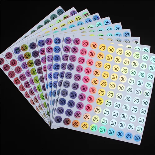 Vista 2 de 30 hojas de 1 a 30 calcomanías reflectantes impermeables con números láser, calcomanías redondas autoadhesivas/inventario/etiqueta organizadora