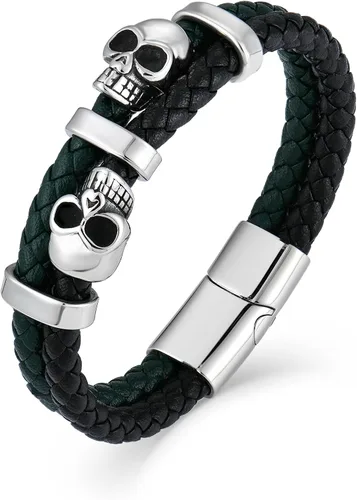 Vista 14 de Pulsera de Cuero de Doble Fila con Calavera para Hombre, Pulsera Trenzada con Calavera Negra o Plateada para Hombre, Joyería Punk Masculina