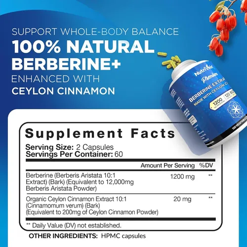 Vista 2 de Nutrivein Berberina Premium 1200 mg con Canela de Ceilán - 120 Cápsulas: Suplemento de berberina de alta absorción para defensas, digestión