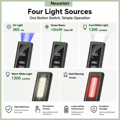Vista 2 de Linterna EDC recargable 4 en 1, 1300 lúmenes, UV y láser verde Negro