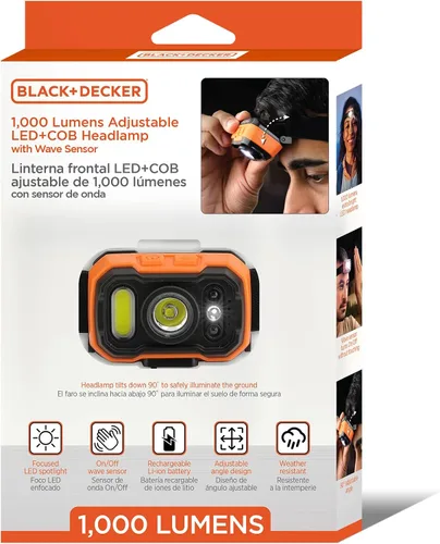 Vista 9 de BLACK+DECKER Linterna frontal recargable con sensor de onda, luz LED ultra brillante de 1,000 lúmenes, inclinación ajustable de 90°, 7 modos