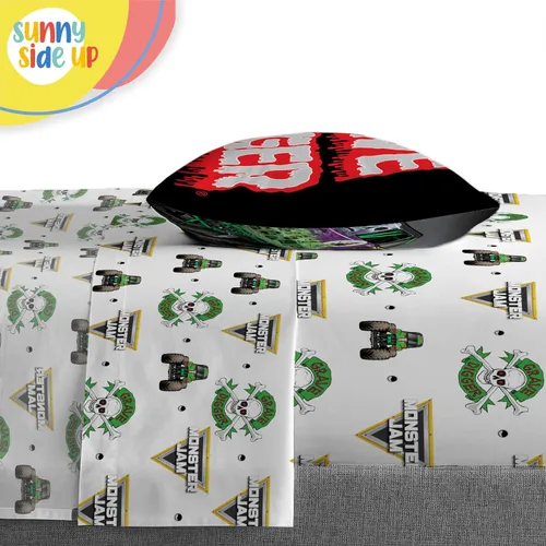 Vista 5 de Sunny Side Up Monster Jam - Juego de edredón para niños pequeños, ropa de cama preescolar de 4 piezas, incluye edredón, sábanas y funda de almohada