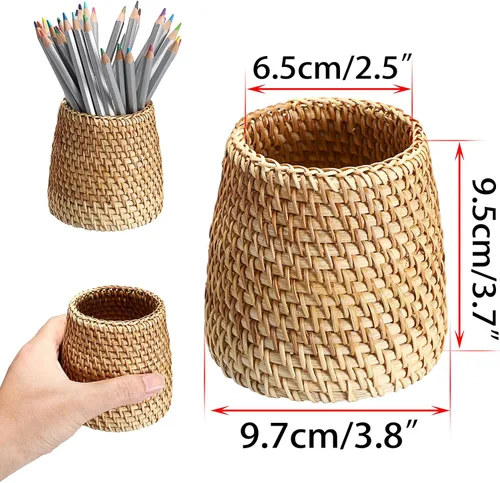 Vista 3 de BTSKY Paquete de 3 vasos de ratán, soportes para lápices de escritorio hechos a mano, soporte para brochas de maquillaje, cesta tejida