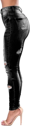 Vista 32 de KUNMI - Pantalones de mezclilla clásicos de cintura alta para mujer, elásticos, con efecto de levantamiento de glúteos, ajustados