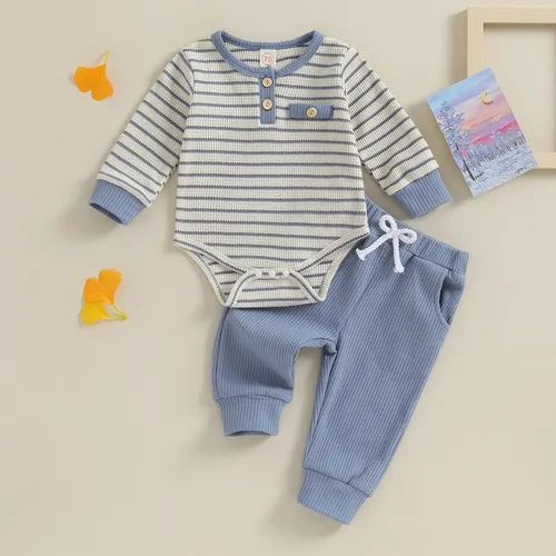 Vista 2 de Maemukilabe Conjunto de sudadera de manga larga a rayas para bebé recién nacido, conjunto de pantalones con cordón