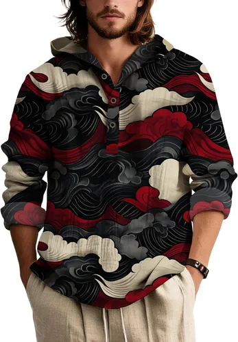 Vista 16 de Sudadera con capucha para hombre, de gran tamaño, elegante, vintage, con botones, casual, de manga larga, sudadera con capucha