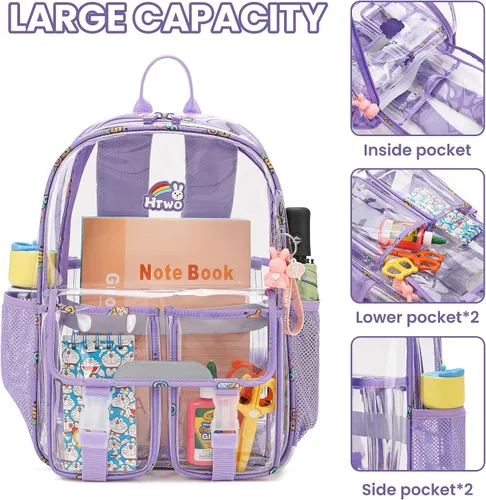 Vista 3 de HTWO Mochila transparente para niñas, bolsa de libro transparente aprobada por estadios, mochilas de actualización de PVC para escuela resistente