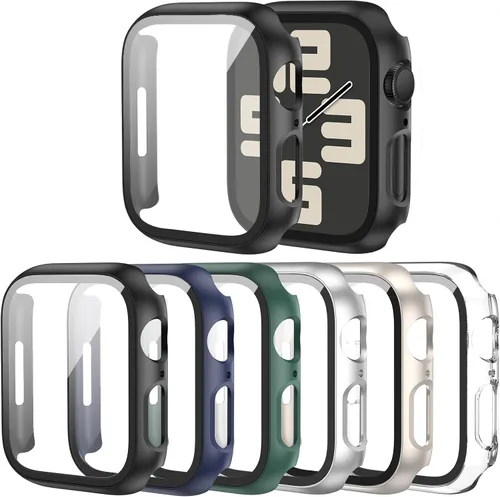 Vista 11 de Paquete de 6 fundas para Apple Watch Series 9, Series 8, Series 7 de 1.61 pulgadas, funda con protector de pantalla de vidrio templado incorporado