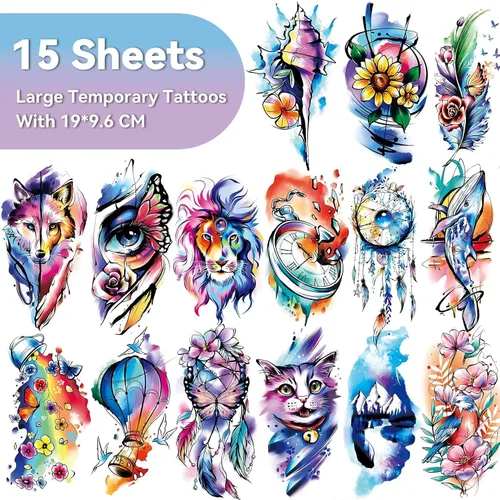 Vista 2 de EMOME 79 hojas de tatuajes temporales realistas para mujeres, tatuajes falsos de brazo de acuarela para niñas, tatuajes temporales de larga duración