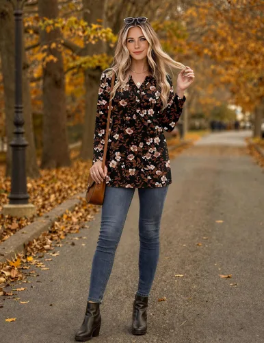 Vista 5 de Zeagoo Blusas de manga larga para mujer, estilo bohemio, cuello en V negro (Flower Black)