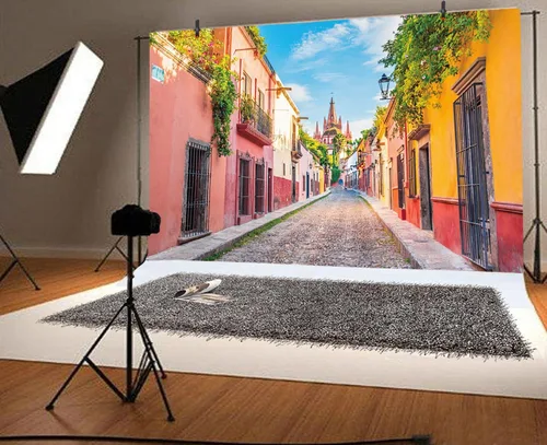 Vista 4 de Telón de fondo colorido de la calle de la ciudad de México, 5 x 3 pies, fondo de fotografía de casa, escenario de callejón, fiesta mexicana