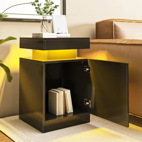 Vista 4 de oneinmil Juego de 2 mesitas de noche con luces LED, mesita de noche con armario de almacenamiento para dormitorio, mesita de noche con LED