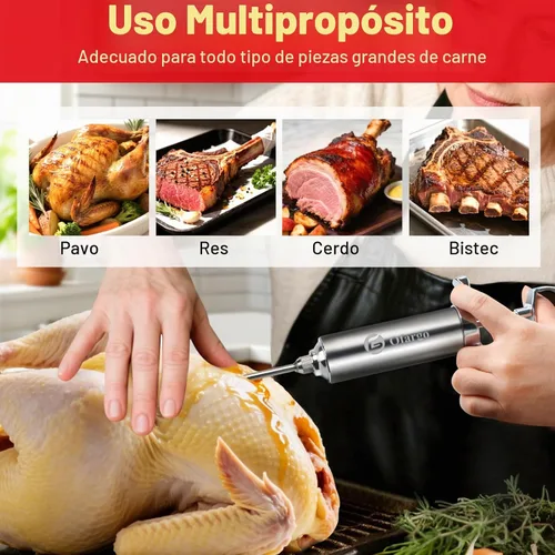 Vista 2 de Ofargo Jeringa Inyectora de Carne de Acero Inoxidable con 4 Agujas de Marinado y Estuche de Viaje para Parrilla Ahumadora de BBQ, regalos