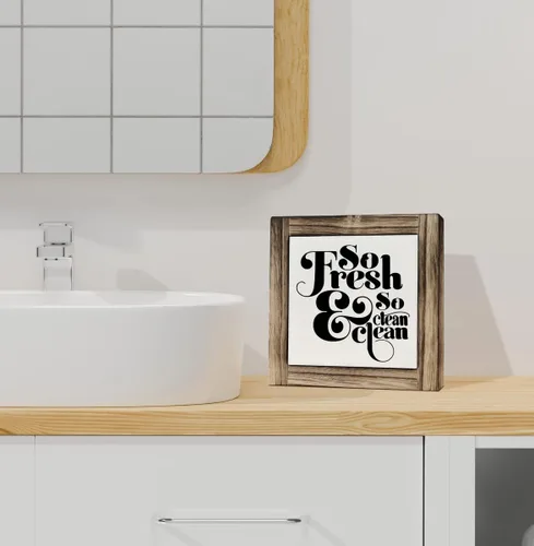 Vista 6 de Divertida Placa de Madera para Baño, So Fresh So Clean, Placas de Madera Box Decoración de Escritorio 5.9×5.9×0.7 pulgadas, Letreros Pequeños