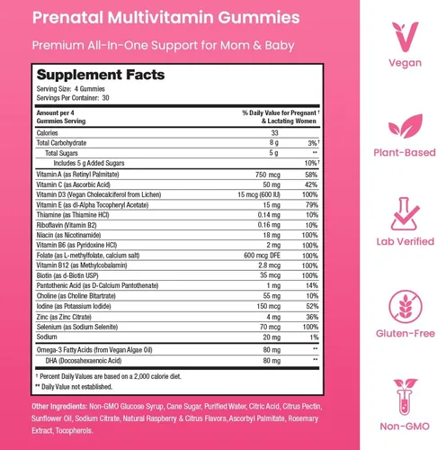 Vista 4 de Gomitas de vitaminas prenatales con DHA Vitaminas prenatales veganas para mujeres con Omega 3, metilfolato, colina y D3, vitaminas