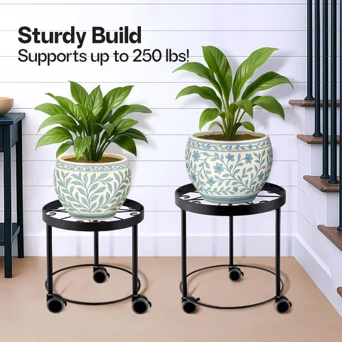 Vista 3 de Soporte para plantas de interior con ruedas, (2 tamaños), elevadores de metal para macetas (12 y 10 pulgadas de diámetro)