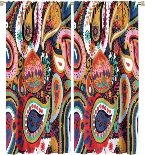 Vista 204 de Cortinas opacas con estampado de flores de cachemira, estampado de cachemira sobre fondo blanco, para decoración del hogar, cocina, restaurante