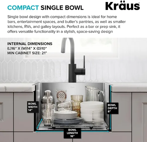 Vista 7 de Kraus Standart PRO - Fregadero de cocina de acero inoxidable de calibre 16 con tazón individual para bar, montaje superior/inferior de 18 pulgadas