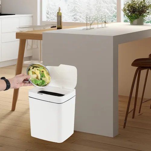 Vista 7 de Bote de basura con sensor de 4 galones con tapa infrarroja sin contacto, color blanco Cubo de basura automático de 15 litros con sensor