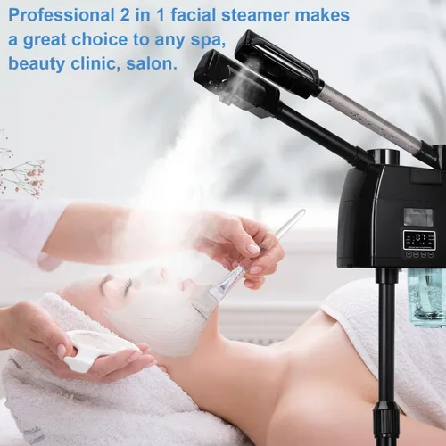 Vista 9 de FLOLXNB Vaporizador facial profesional, vaporizador facial 2 en 1, vaporizador esteticista con boquilla caliente y fría, vaporizador facial digital