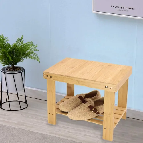 Vista 7 de Taburete de bambú KKTONER con banco de ducha y almacenamiento con estante, silla de pie para baño, sala de estar, dormitorio, color natural