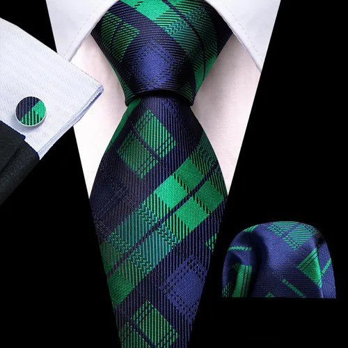 Vista 116 de Barry.Wang Juego de corbatas a cuadros para hombre con pañuelo gemelos de rayas clásicas