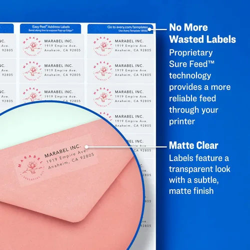 Vista 2 de Avery Printable Address Labels with Sure Feed, Matte Clear, 1-1/3" x 4", 350 Mailing Labels (08662)