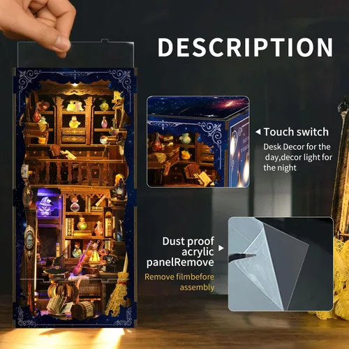 Vista 3 de Kit de Rincón de Libros - Kit de Manualidades de Casa en Miniatura con Muñecas, Muebles y Luz LED, Separadores de Libros de Arte en Madera 3D