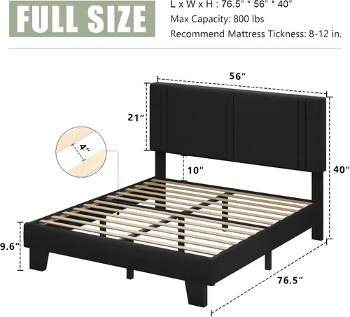Vista 2 de Feonase Marco de Cama de Plataforma de Tamaño Completo, Marco de Cama Tapizado en Tela con Respaldo Alado, Listones de Madera Maciza y Soporte
