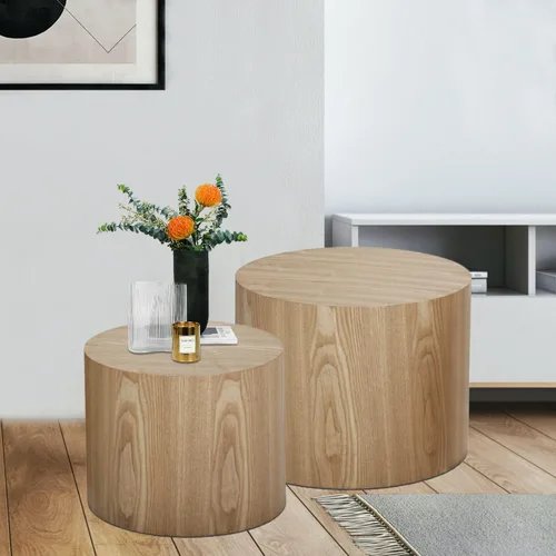 Vista 8 de JUSTONE Juego de mesa auxiliar anidable de 2 piezas, mesas redondas de madera de roble moderno para sala de estar para dormitorio y oficina en casa