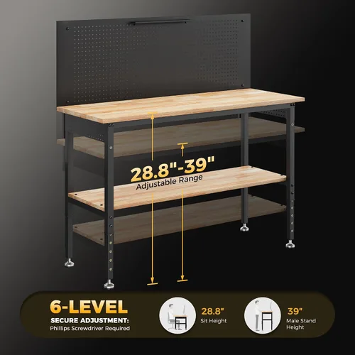 Vista 7 de CAMMOO Banco de trabajo de 60 pulgadas de altura ajustable con estante de almacenamiento, carga máxima de 2000 LBS, tablero de madera de caucho